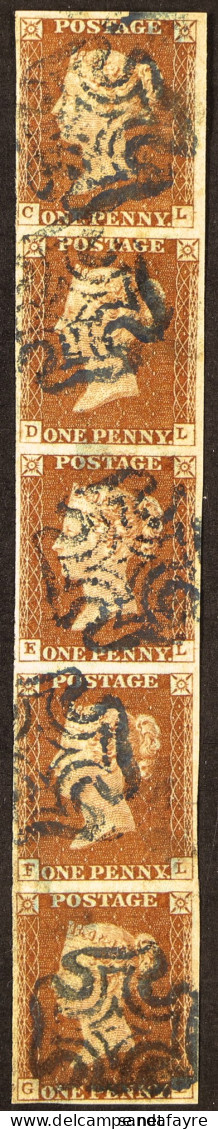 1841 1d Red-brown Plate 30 Imperf Vertical Strip Of 5 'CL-GL' Each With BLUE MALTESE CROSS CANCELLATION, The Middle Stam - Andere & Zonder Classificatie