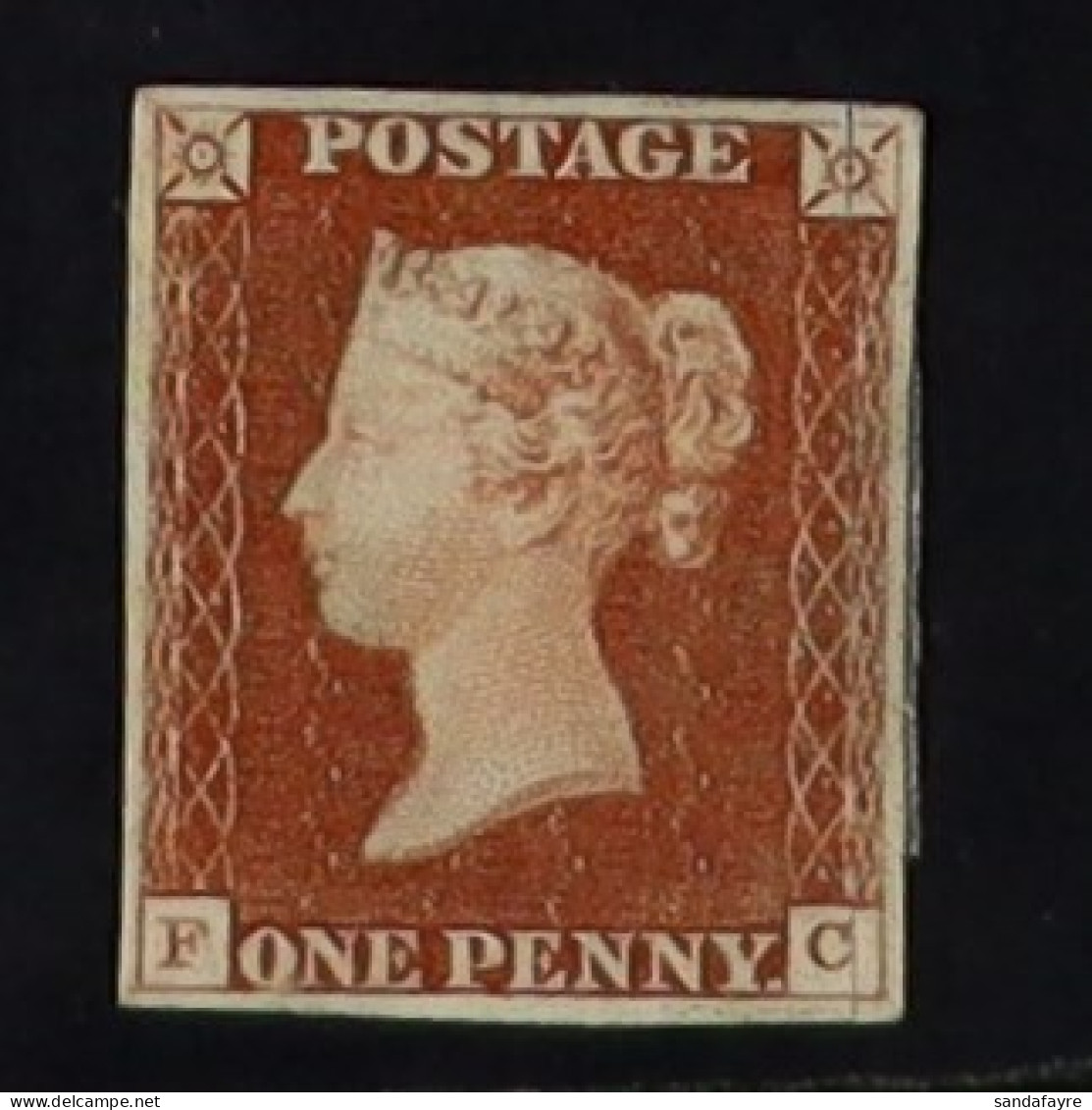 1841 1d Red-brown 'FC' From 'black Plate' 8, SG 7, Unused With 4 Margins, The Right Side Margin Sliced Off And Re-affixe - Autres & Non Classés