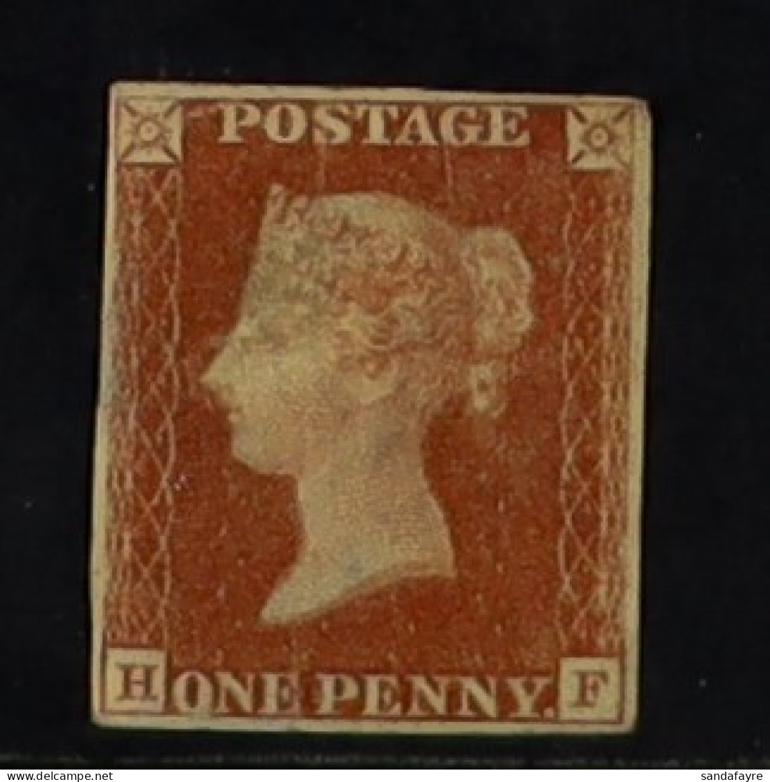 1841 1d Red-brown 'HF' From 'black Plate' 10, SG 7, Unused With 4 Margins, Slightly Grubby, Thins, Pressed Vertical Crea - Andere & Zonder Classificatie