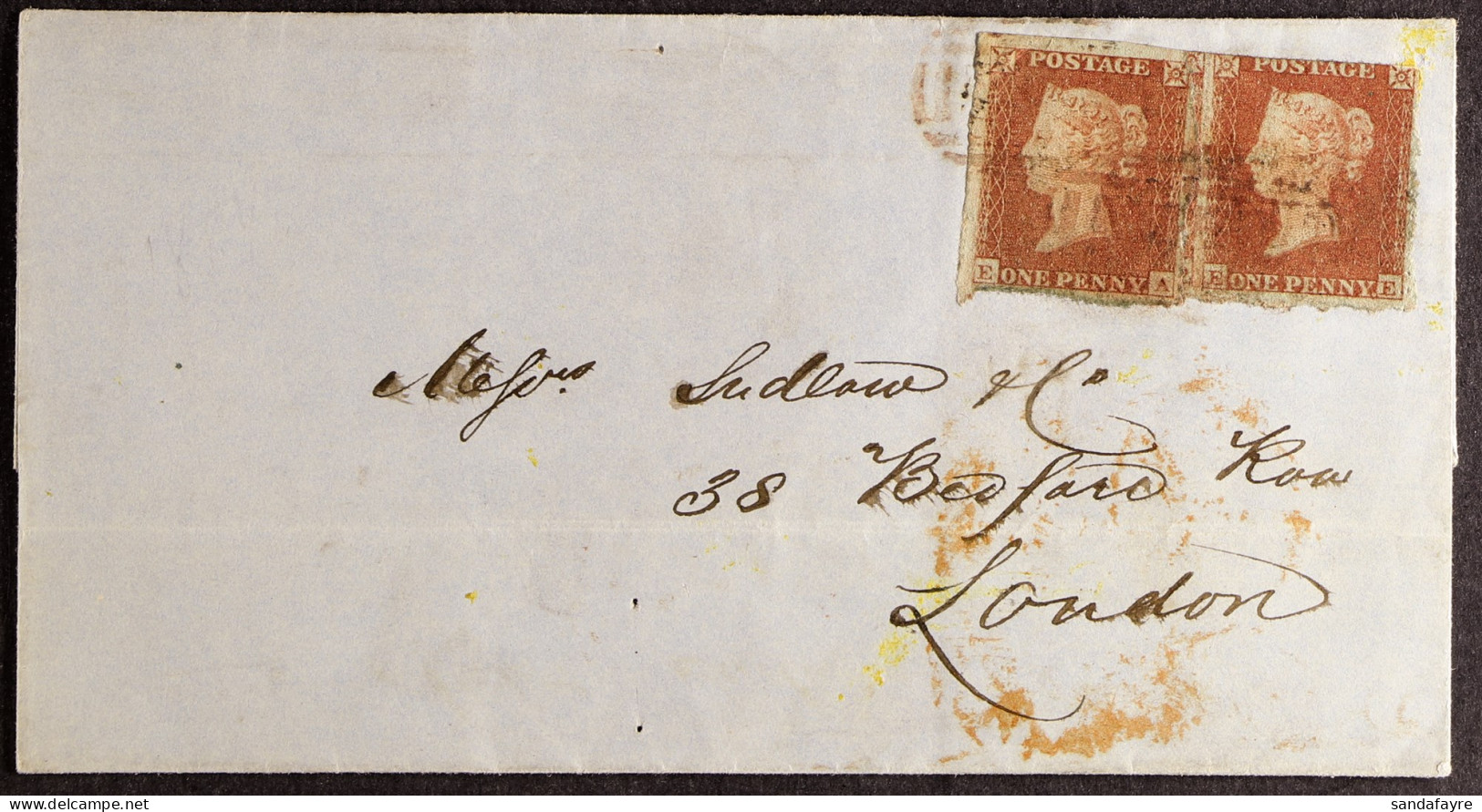 1854 (2 Feb) Letter Sheet To London Bearing Two 1d Red-browns (EA, EE, Both Plate 174) Tied By RED Numeral Cancels In Th - Autres & Non Classés