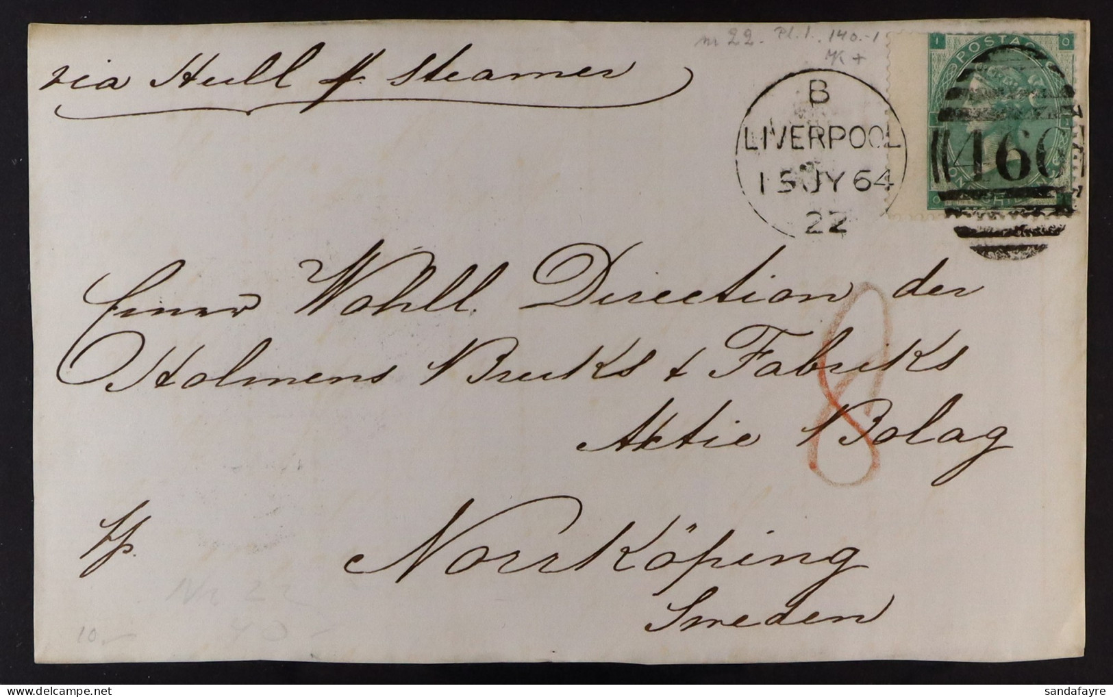 1862-64 1s Green Small Corner Letters With Wing Margin (SG 90) Tied To Full 1864 Cover Front To Sweden, Stamp Cat ?300. - Andere & Zonder Classificatie