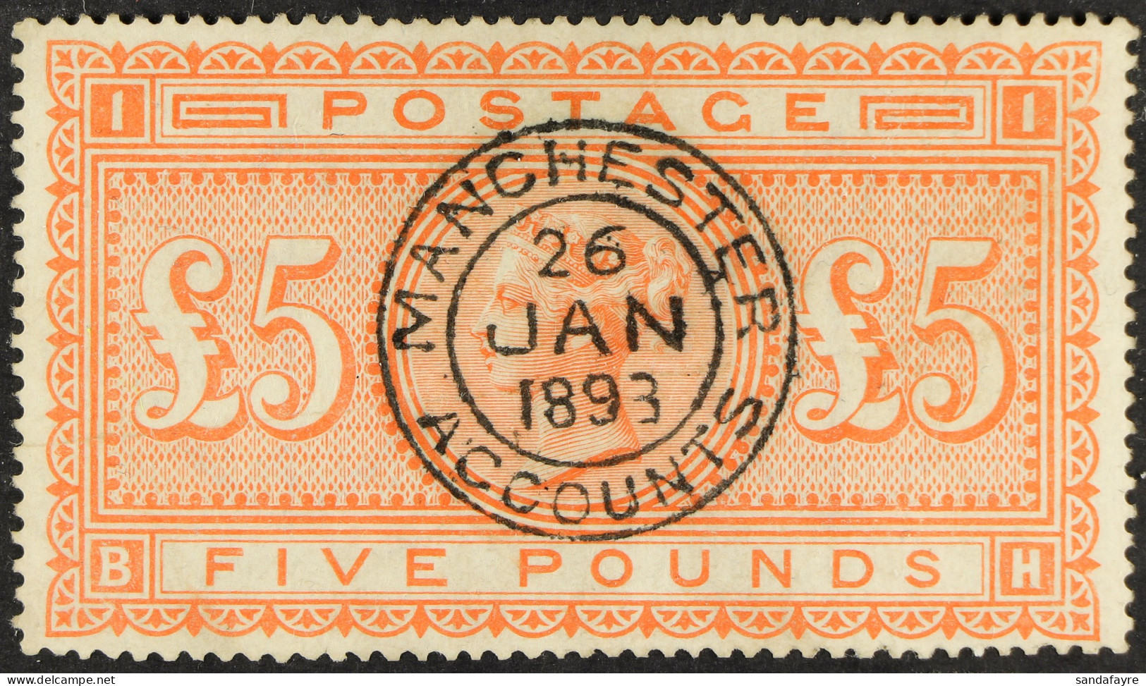 1867-83 ?5 Orange, SG 137, Used With Superb Upright Manchester Accounts Cds Cancel, Near- Invisible Pressed Creasing. Ca - Autres & Non Classés