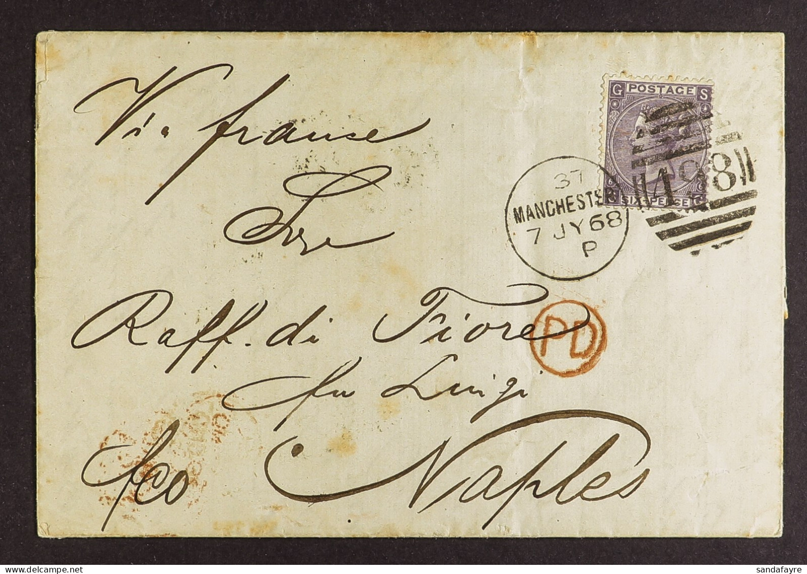 1868 (July) Entire Letter Manchester To Naples, Bearing Single 6d Plate 6, SG 97, Tied '498' Duplex. - Other & Unclassified