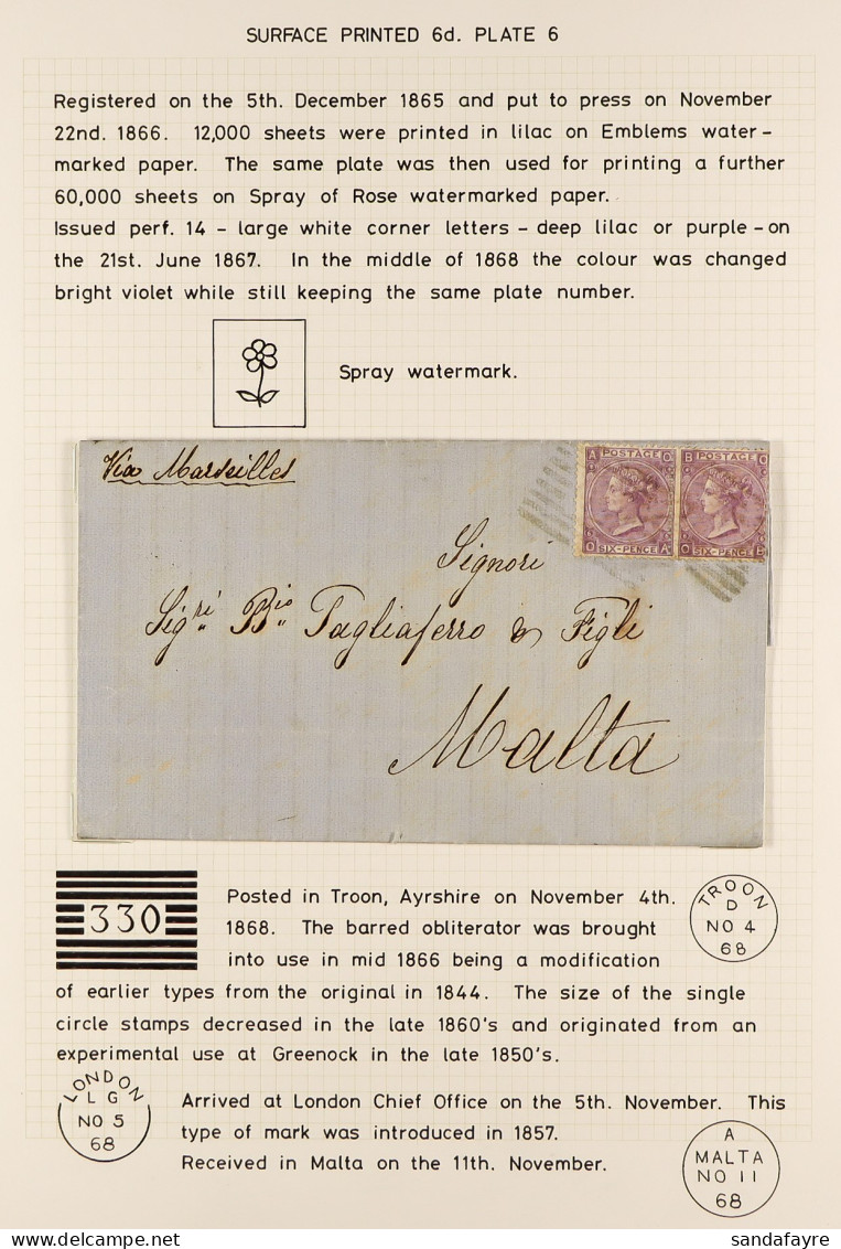 1868 (Nov) Neat Entire Letter Troon To Malta, Bearing 5d Plate 6, SG 97 Pair, Tied '330' Cancels, Cat. ?450. - Other & Unclassified