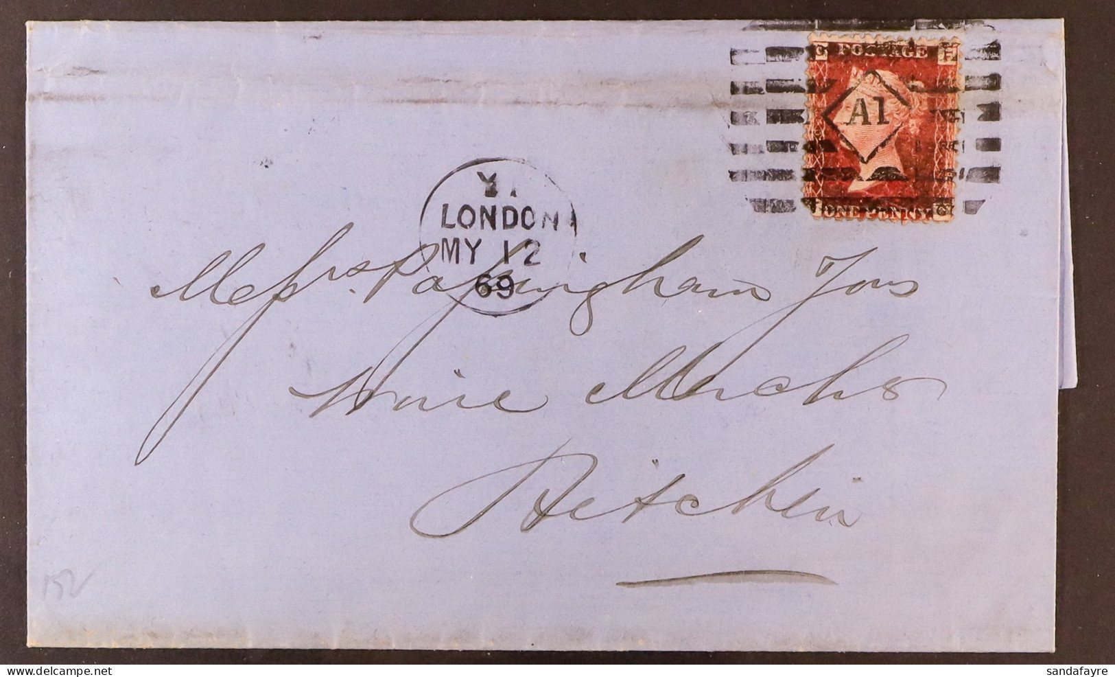 1869 (12 May) L.S To Hitchen Bearing 1d Red 'plate' (faults) Tied By AZEMAR (or Fischer And Maas) Cancellation With Circ - Sonstige & Ohne Zuordnung