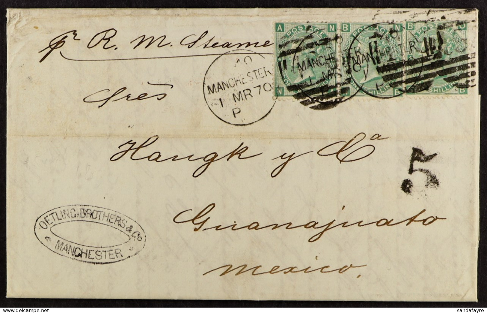 1870 (1 Mar) EL 'per R. M. Steamer'? To Mexico Bearing Three 1s Green Plate 15 (pair + Single) Stamps Tied Manchester Da - Autres & Non Classés