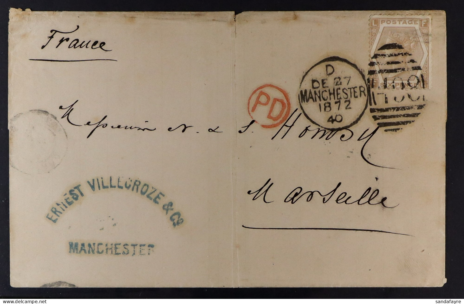 1872 6d Pale Buff Plate 12 (SG 123) Nicely Used On L.S. To France With Some Folds, Stains. Cat ?350 Off Cover. - Sonstige & Ohne Zuordnung