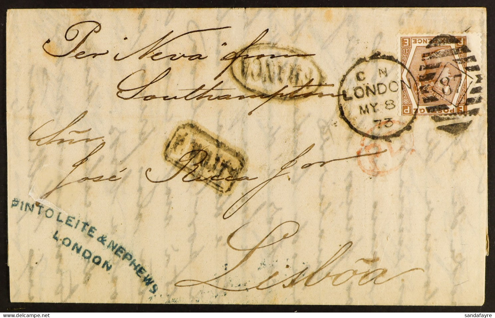 1873 (8 May) EL From London To Lisbon, Portugal Bearing 6d Chestnut (plate 11) SG 122a, Nice Range Of Postal Markings. - Other & Unclassified