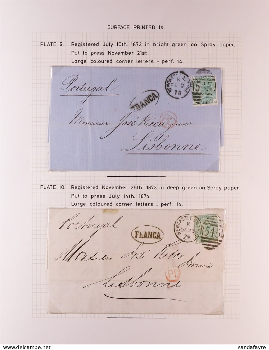 1874-75 Two Entire Letters From Newcastle On Tyne To Lisbon, Portugal, Each Bearing 1s Green?plate?9 Or 10. (2 Items) - Andere & Zonder Classificatie