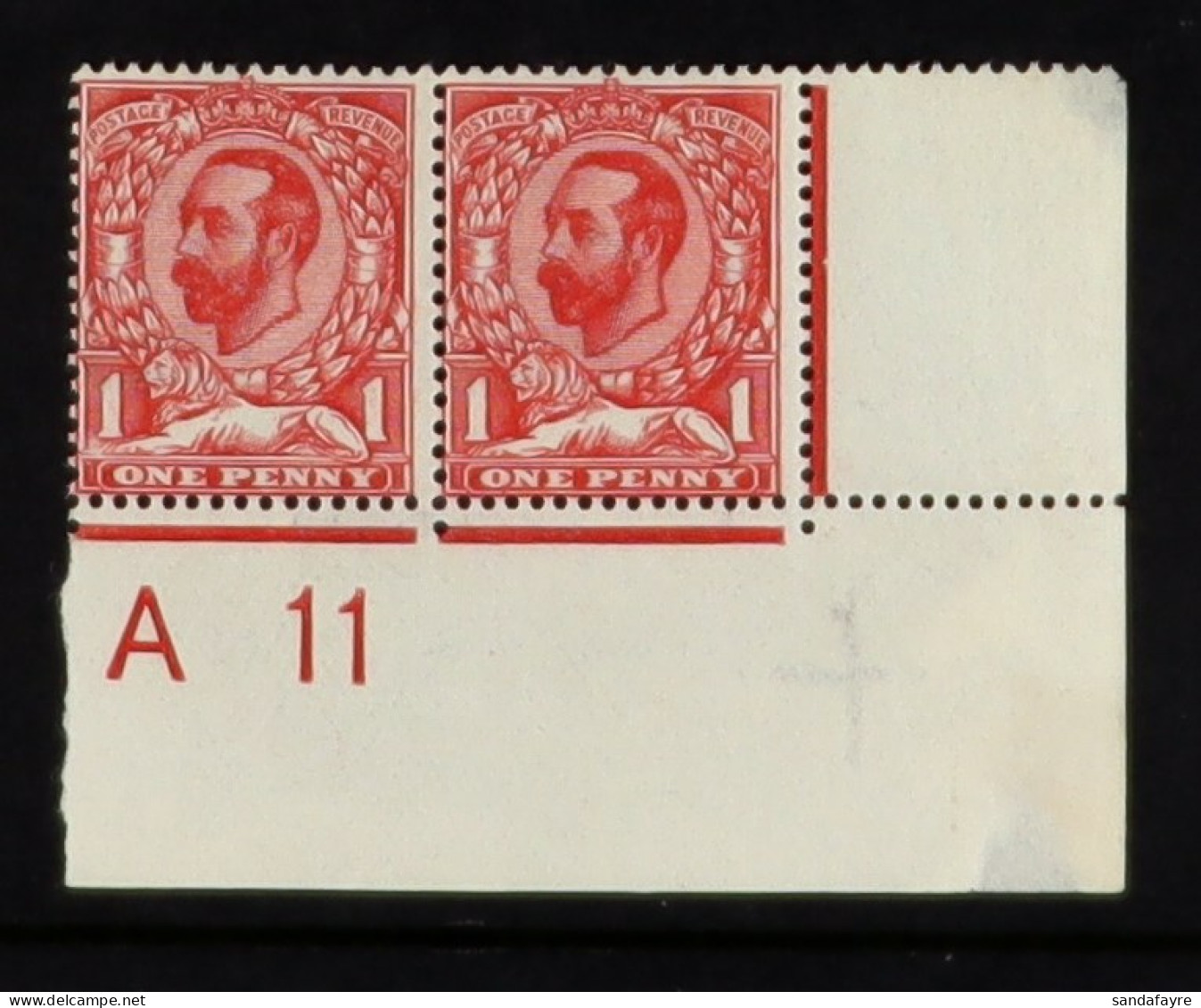 1911 1d Carmine Red Downey Head, Lower Right 'A11' Pair, One Showing Pale Area By Lions Paws, SG Spec. N7 (1)k, Stamps N - Non Classés