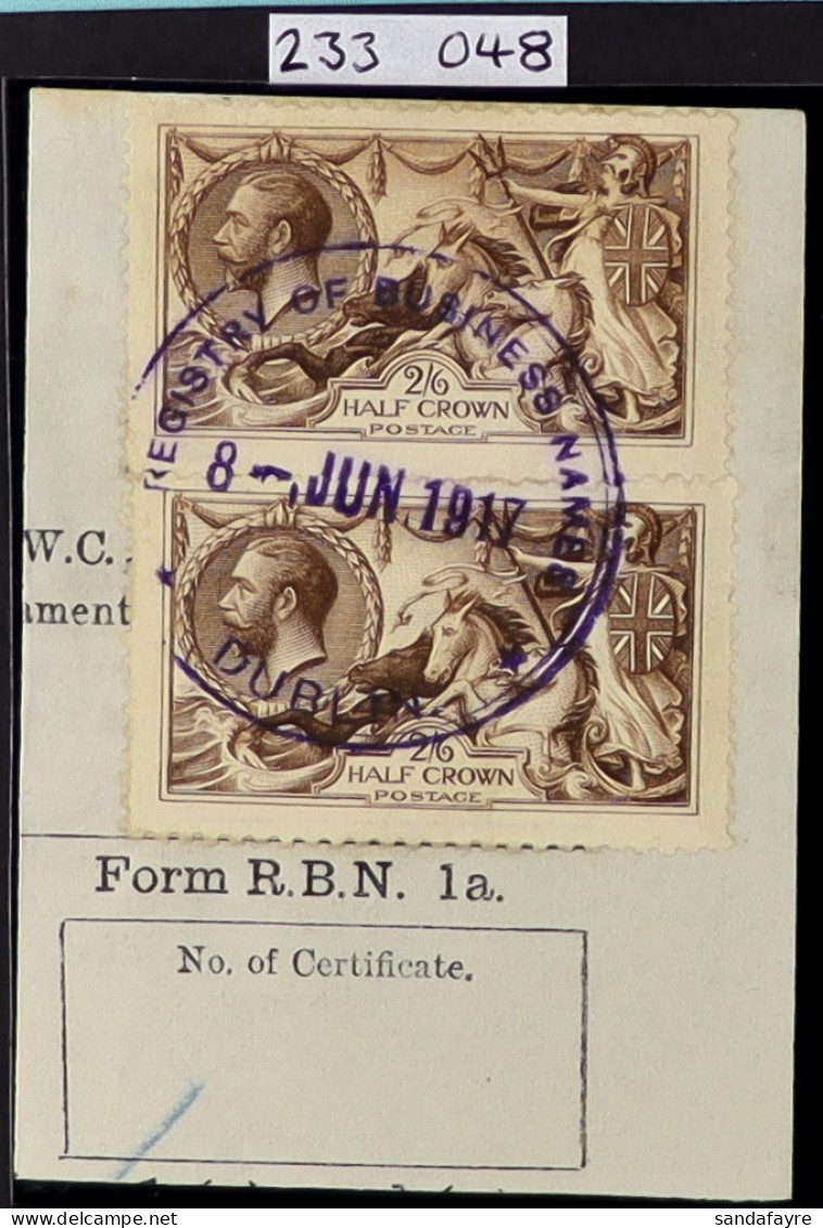 1915 2s6d Brown De La Rue Seahorse Vertical Pair Of This Rare Shade Affixed To Part R.B.N. Document And Cancelled By Vio - Unclassified