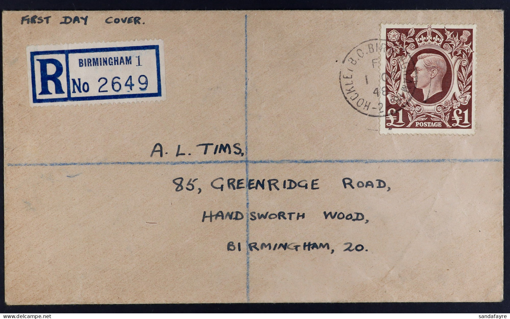 1948 (1 Oct) ?1 Brown Arms (SG 478c) On Registered Fdc, Arrival Cds On Reverse. - Unclassified