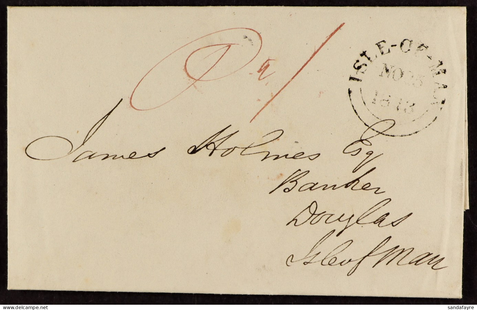 ISLE OF MAN 1843 (25 Nov) EL From Ramsey To Douglas, Manusrcipt Red 'Pd 1'?with Very Fine Boxed 'Ramsey / Isle Of Man' A - Autres & Non Classés