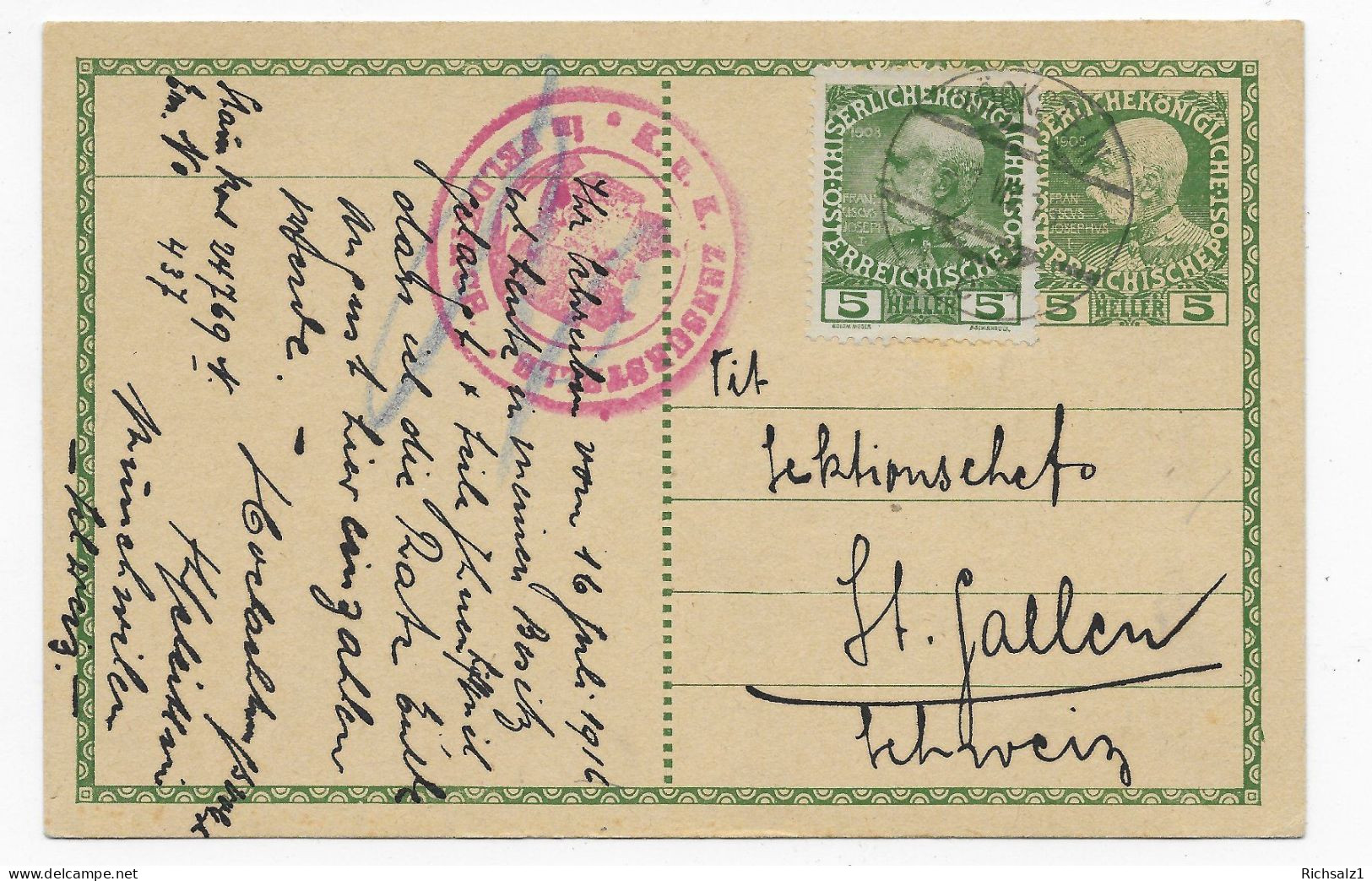 Austria, Postkarte Mit Zensurstempel 1916 Nach St.Gallen - Autres & Non Classés