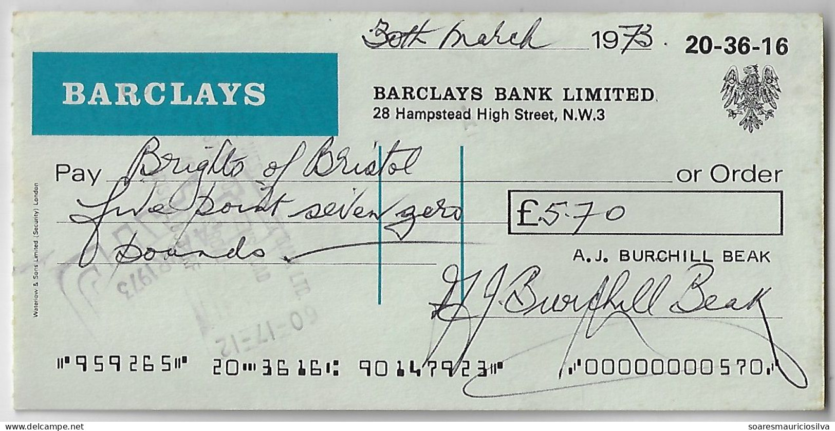 Great Britain 1973 Check Barclays Bank Limited Value In Pound - Cheques & Traveler's Cheques