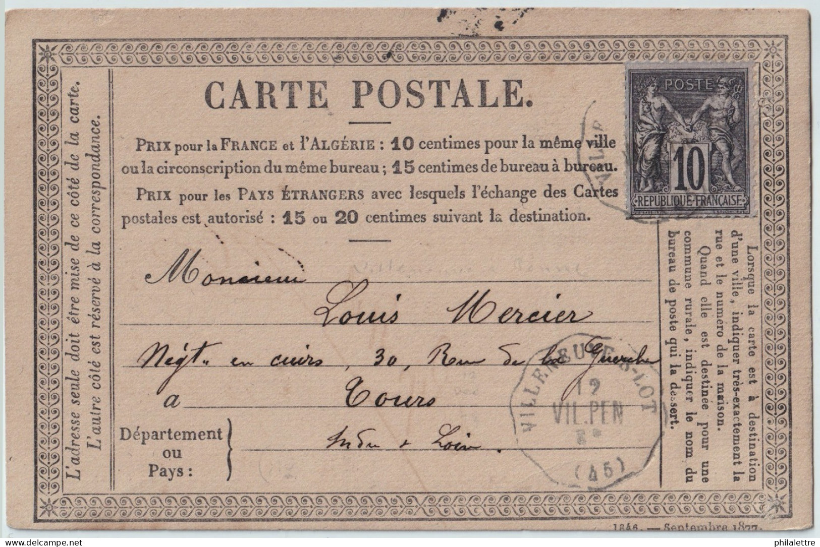 FRANCE - 1878 (12/12) 10c Sage (t.II) Obl. Convoyeur-Station "VILLENEUVE-SUR-LOT" (VIL-PEN) Sur CP Précurseur Pour TOURS - 1877-1920: Semi Modern Period