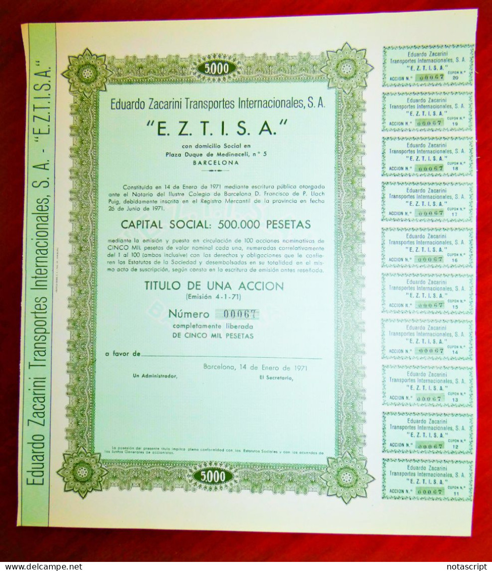 Eduardo Zacarini Transportes Internacionales SA. EZTISA  Barcelona 1971share Certificate - Transports