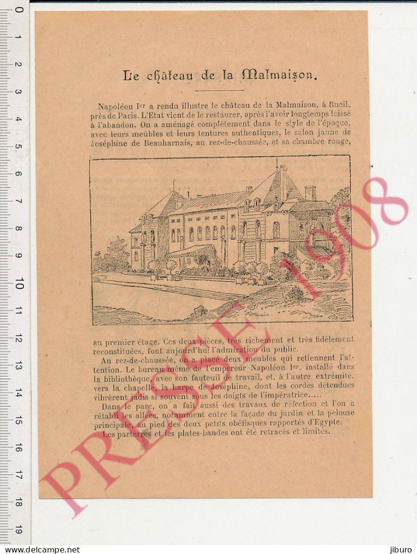 Gravure1908 Château De La Malmaison Rueil + Humour Bornage Terrain Frais De Justice + Une Fortune En épingles Epinglerie - Zonder Classificatie