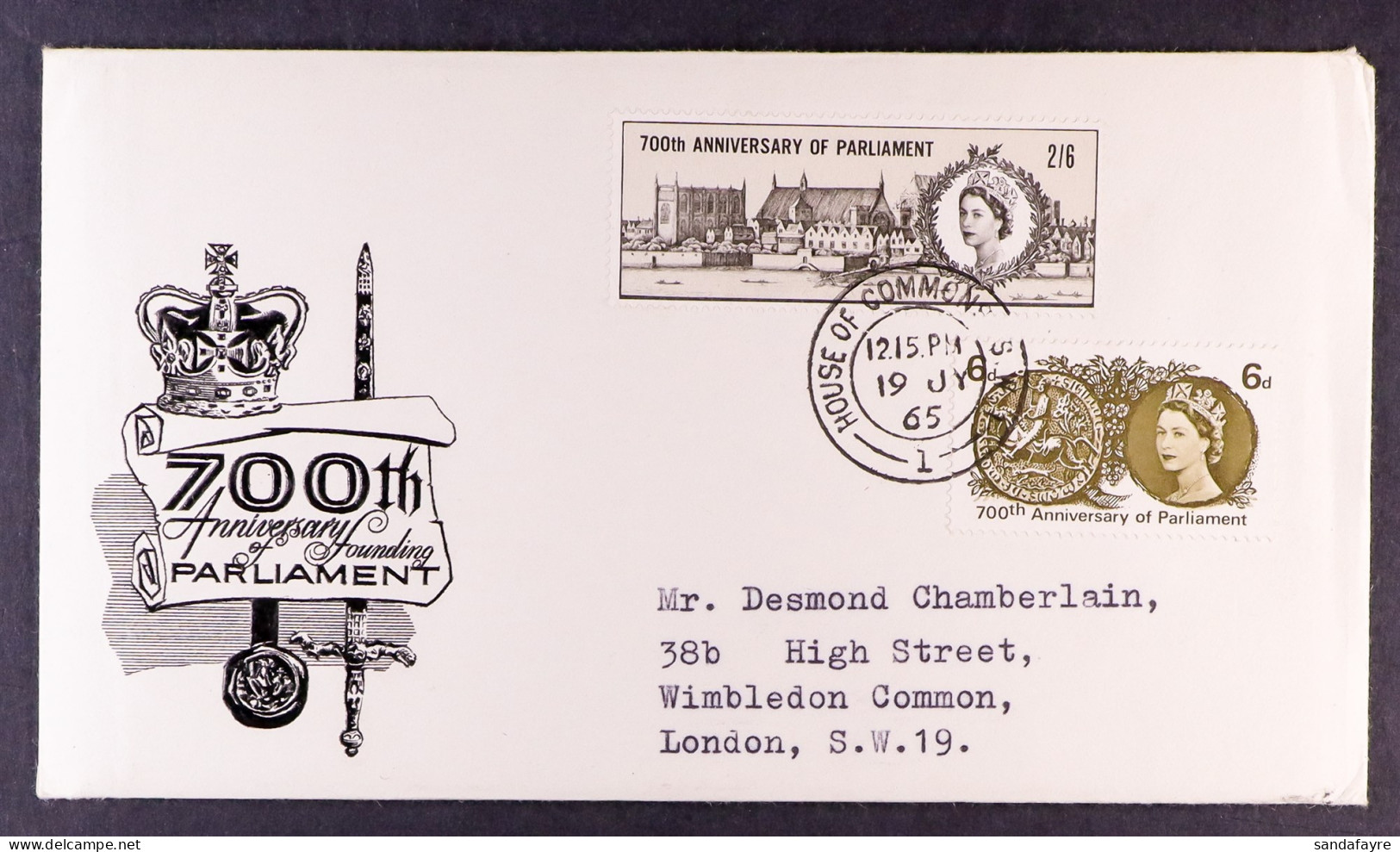 1965 Anniv. Of Parliament Non-phos Set On Illustrated, Typed Addressed Fdc With House Of Commons Cds. Very Fine. - FDC