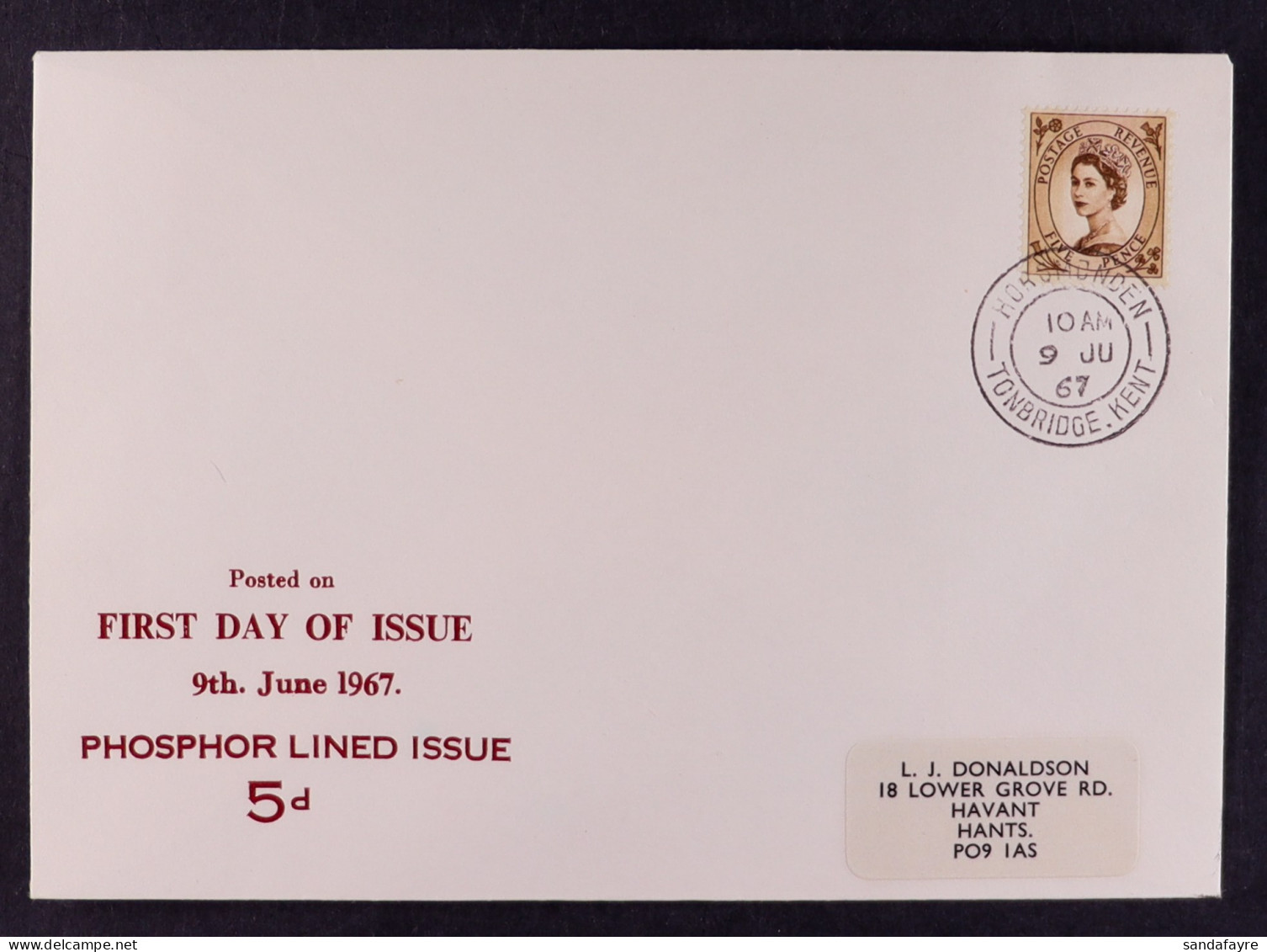 1967 5d Brown Wilding Phosphor Definitive (SG 616c) On First Day Cover With Printed Address Label, Tied Neat Horomonden  - FDC