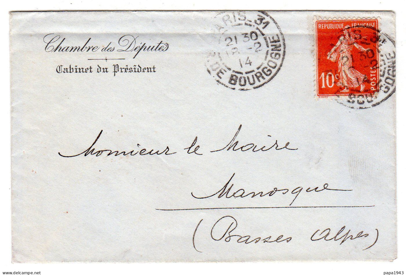 1914  Mignonette  CAD De PARIS 31 Rue De Bourgogne  "  CHAMBRE DES DEPUTES CABINET DU PRESIDENT " - Covers & Documents