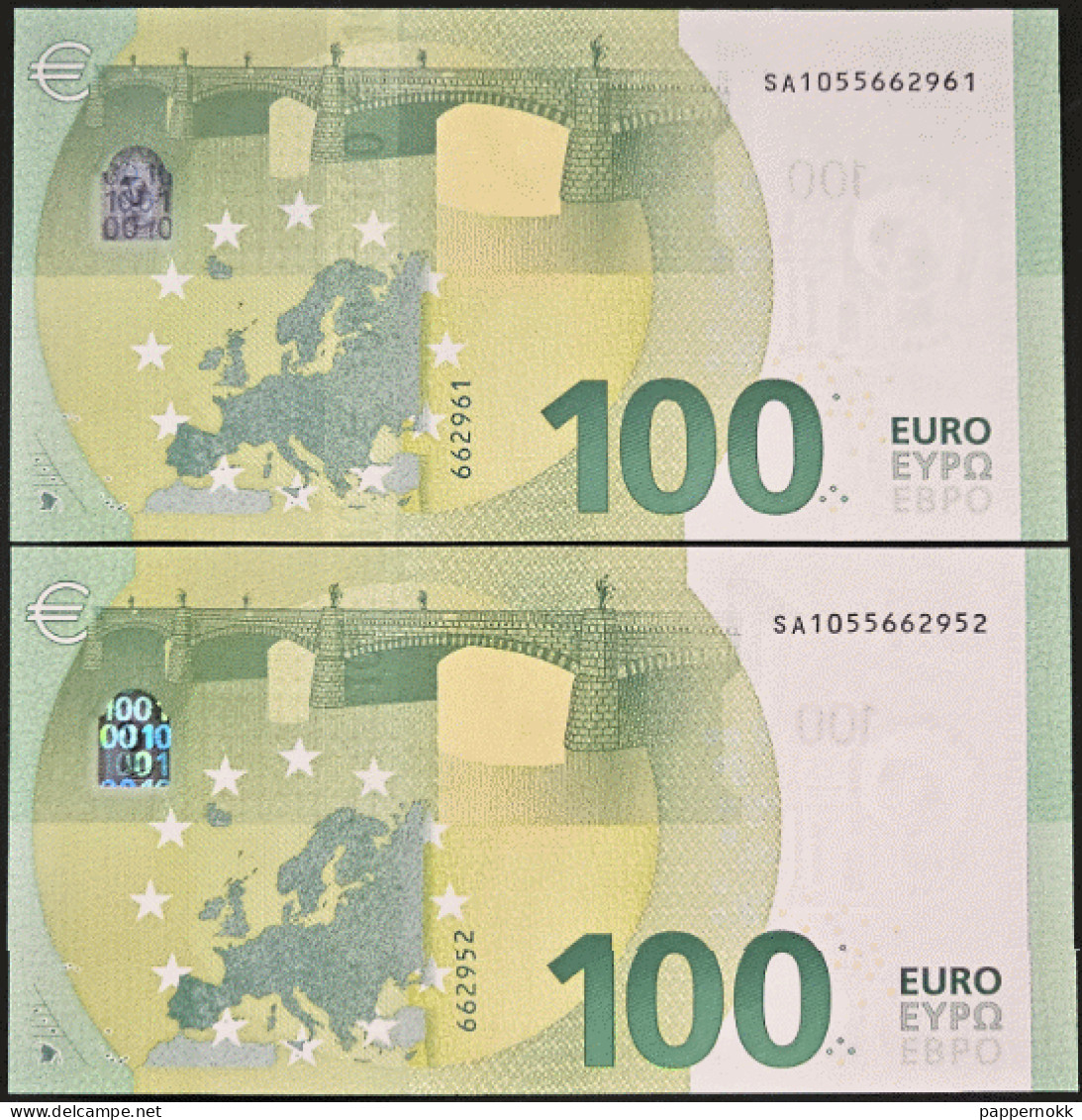 100 Euro 2° Serie Italia  SA1055662952/961 Due Banconote G.UNC/FDS Draghi - 100 Euro
