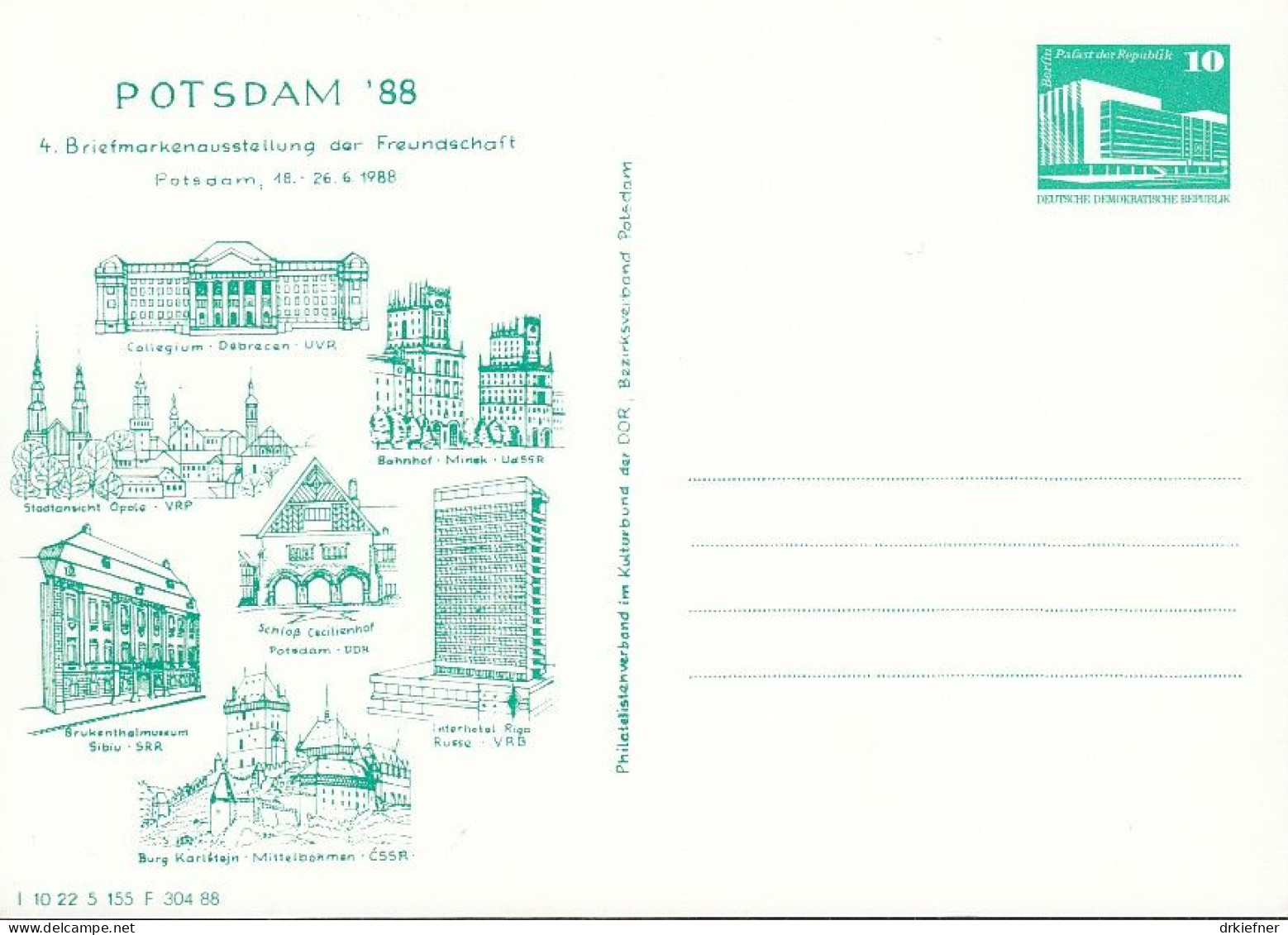 DDR PP 18, Ungebraucht, POTSDAM '88, Debrecen, Opole, Minsk, Sibiu, Riga, Karlstejn - Privatpostkarten - Ungebraucht