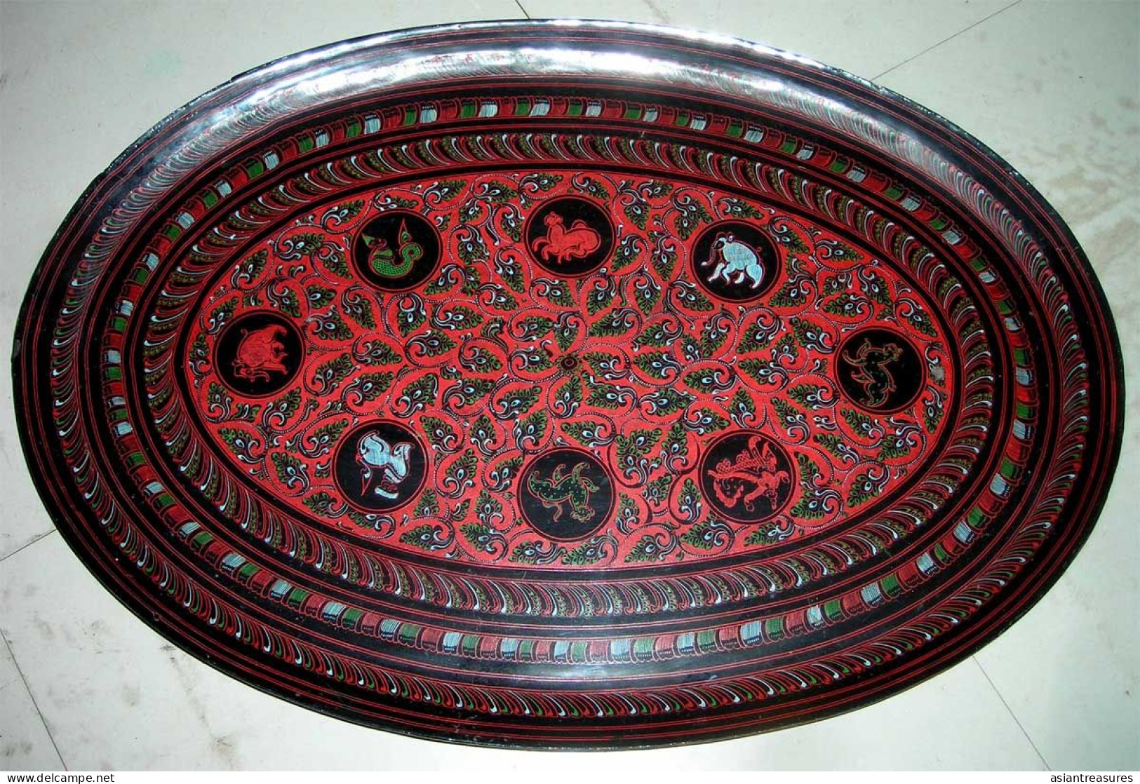 Old Burma  Regular  Hand-painted, Hand Etched Serving Tray Intricate Work Ca 1900 - Aziatische Kunst