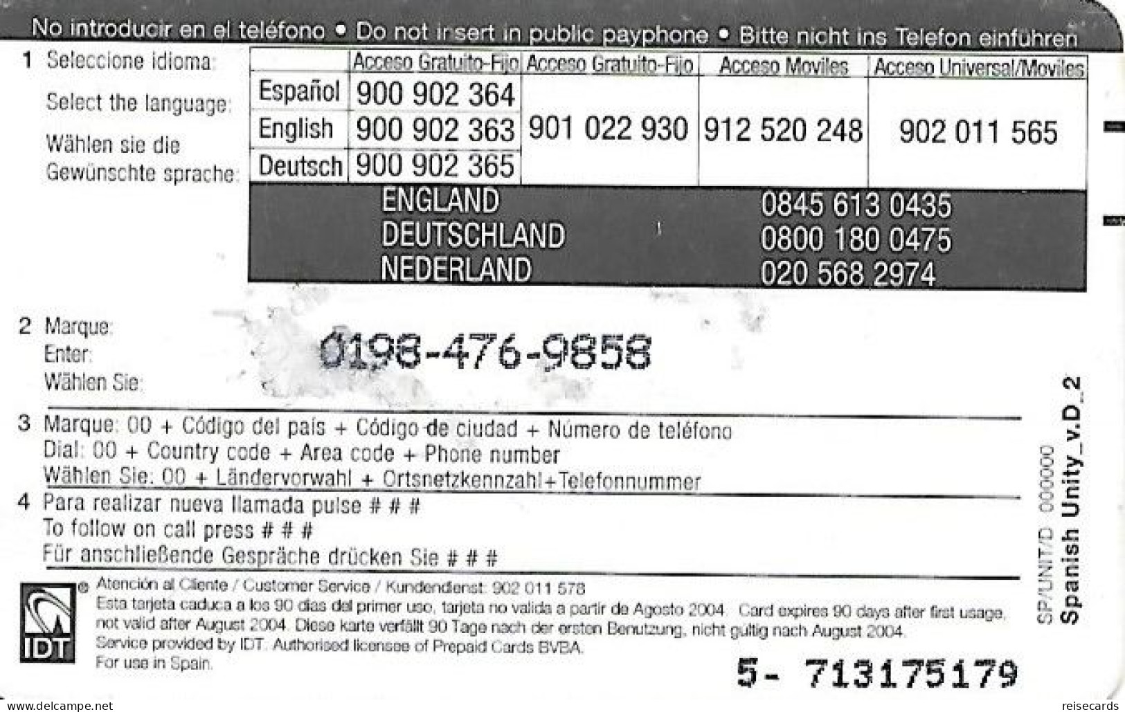 Spain: Prepaid IDT - Unity 08.04 - Sonstige & Ohne Zuordnung