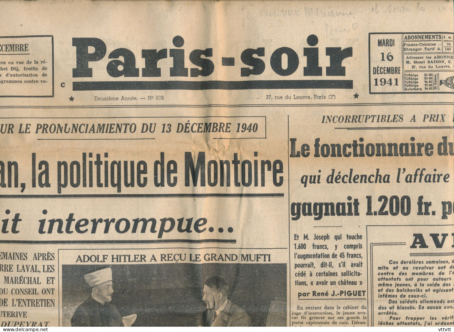 PARIS-SOIR Mardi 16 Décembre1941, N° 509, Montoire, Hitler, Stavisky, Singapour, Laval, Maréchal, Jérusalem, Grand Mufti - General Issues