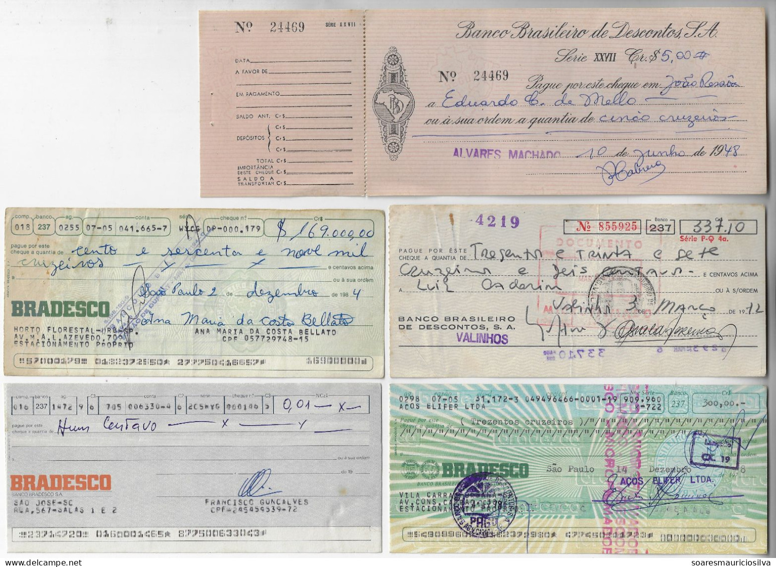 Brazil 1948/1990, 5 Diferent Check Ot The Brazilian Discount Bank Bradesco Values ​​in Cruzeiro And Cruzado Novo Used - Cheques & Traverler's Cheques