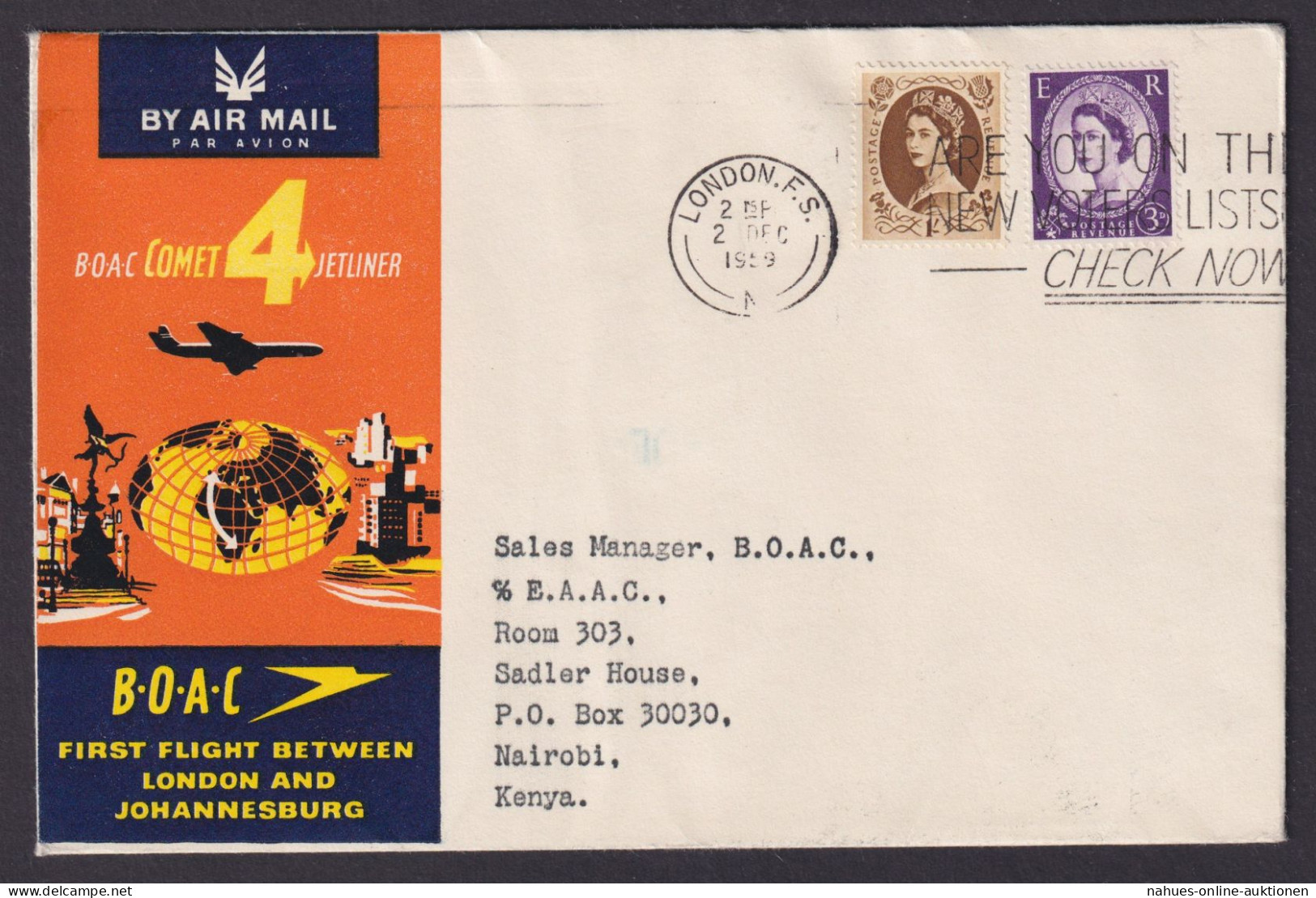 Flugpost Brief Air Mail Grossbritannien BOAC COMET 4 JETLINER Welkugel Nairobi - Brieven En Documenten