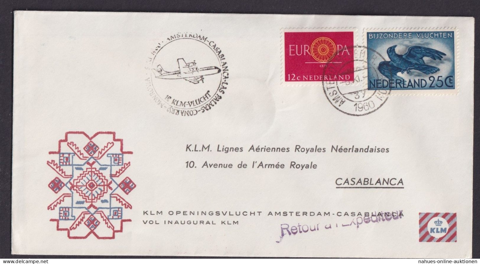 Flugpost Brief Air Mail Niederlande KLM Amsterdam Casablanka Marokko Retour - Luchtpost