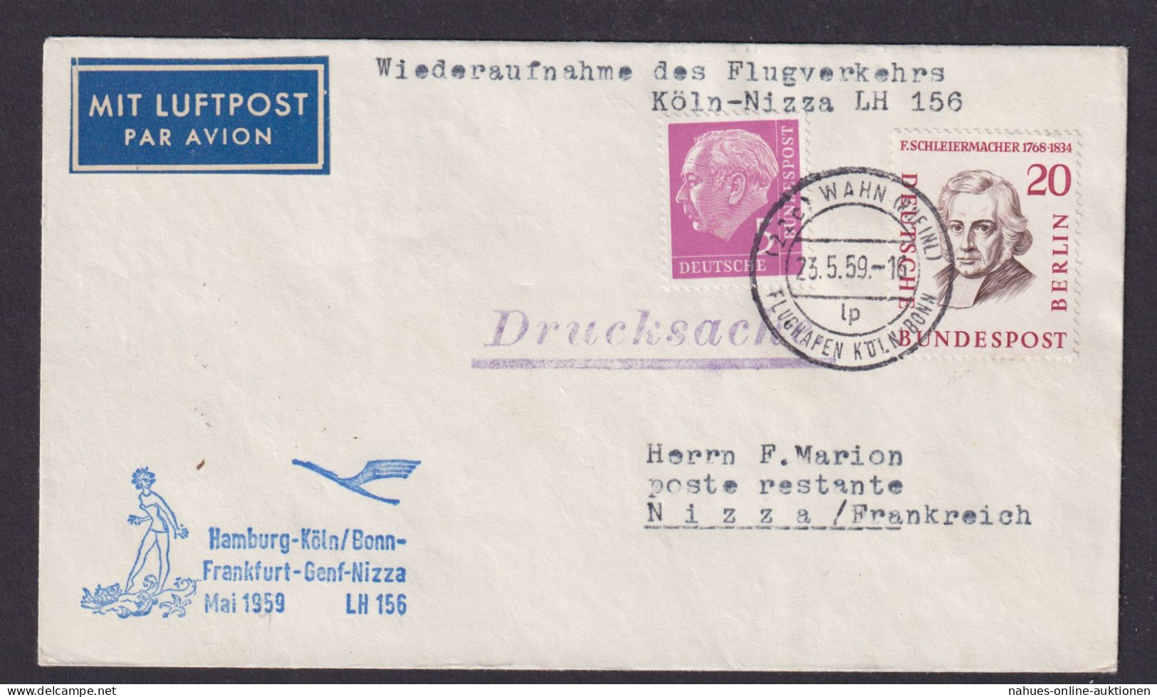 Flugpost Drucksachen Brief Air Mail Lufthansa LH 156 Bund Wahn Nizza Frankreich - Storia Postale