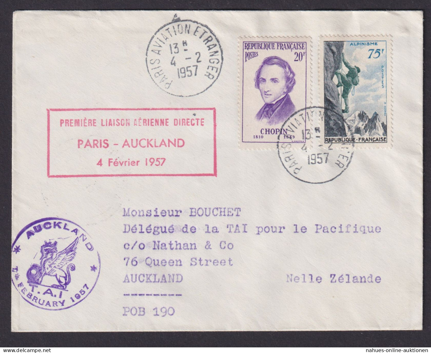 Flugpost Brief Air Mail Frankreich Paris Auckland Neuseeland 4.2.1957 - Brieven En Documenten