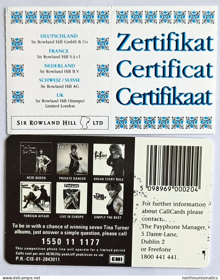 Ireland Telecom Eireann Callcard Chip Phone Card 20Units Tina Turner Certificate Mint - Verzamelingen