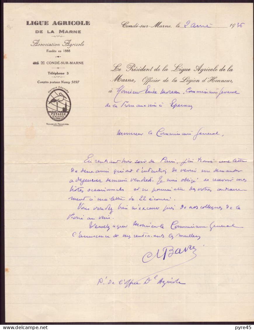 Lettre à En-tête " Ligue Agricole De La Marne " 1936 - Ohne Zuordnung