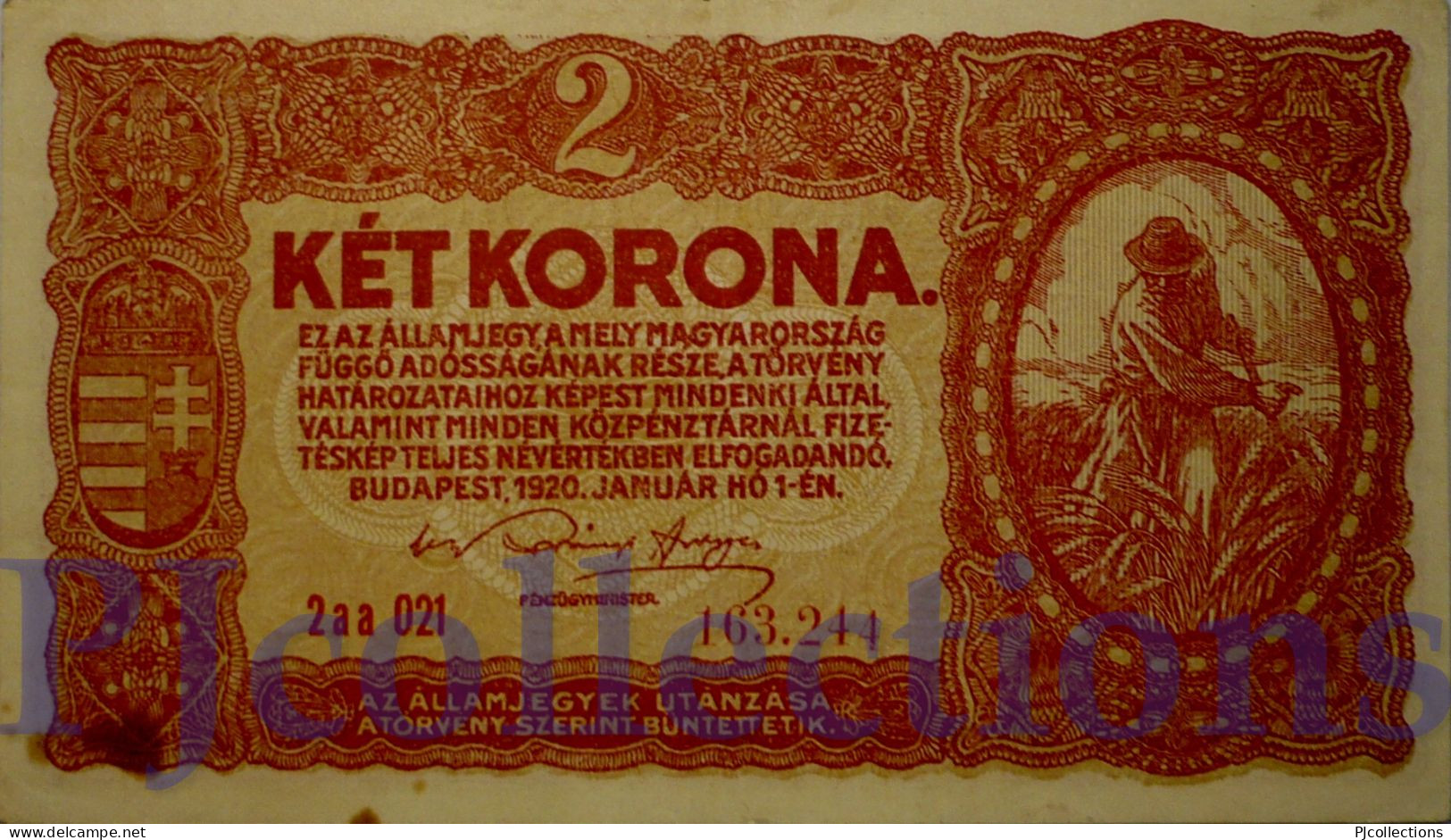 HUNGARY 2 KRONA 1920 PICK 58 AU/UNC W/STAINS - Hongarije