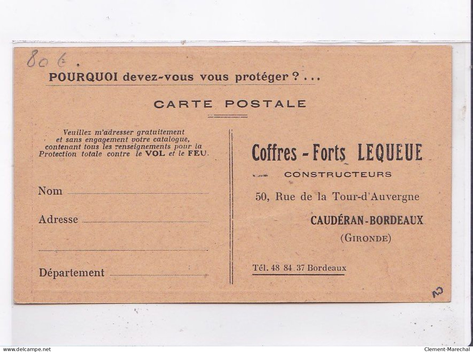 PUBLICITE : Coffres Forts Lequeue à CAUDERAN - BORDEAUX- Très Bon état - Advertising