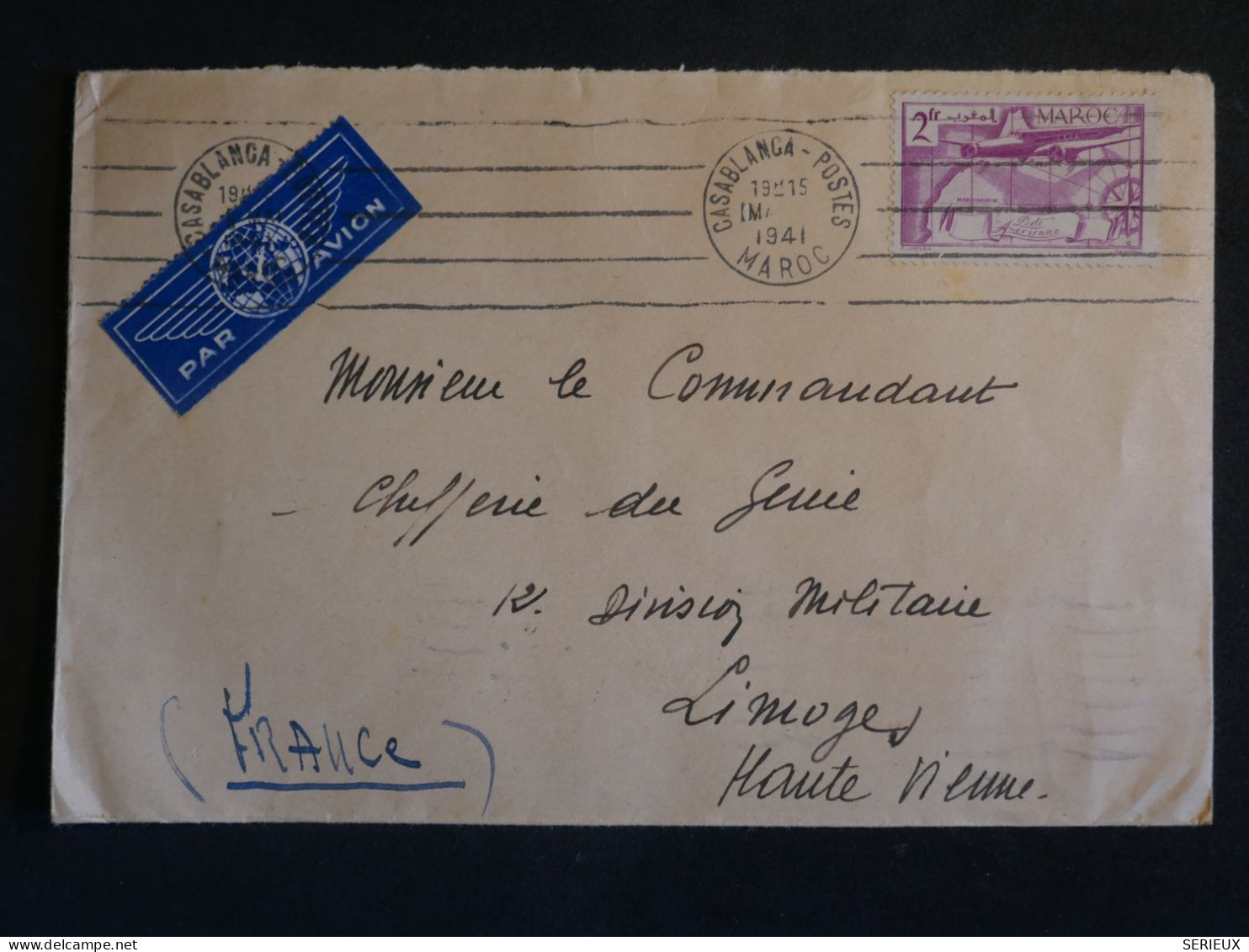 F2 B MAROC  LETTRE  1941 PAR AVION CASABLACA A LIMOGES FRANCE ++ AFF. PLAISANT+++ - Briefe U. Dokumente