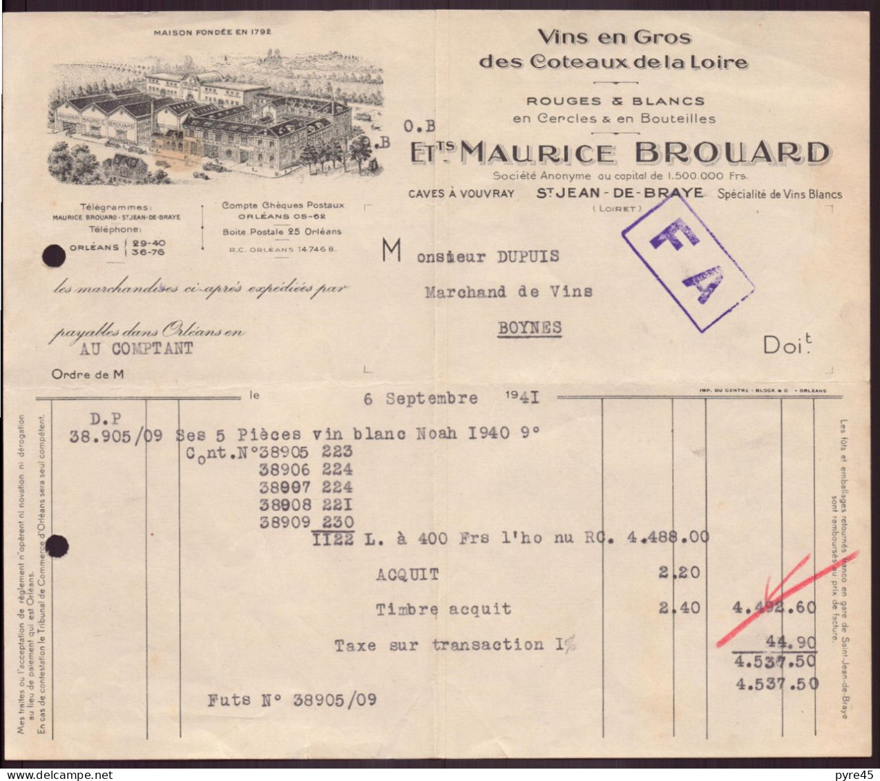 Facture " Brouard " Vins En Gros, Saint-Jean-de-Braye, 1941 - 1900 – 1949