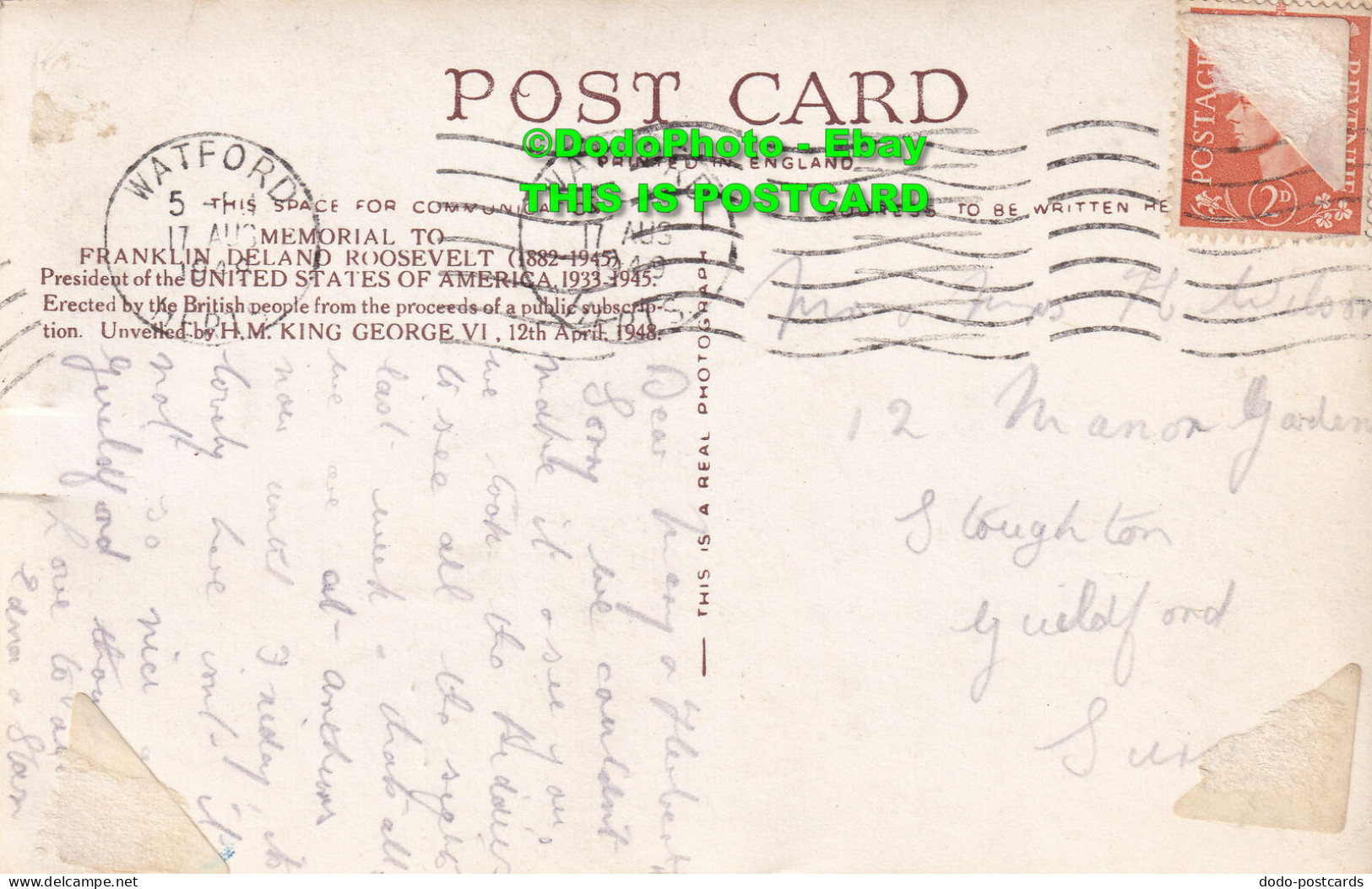 R420237 London. Grosvenor Square. President Roosevelt Memorial. RP. 1949 - Other & Unclassified