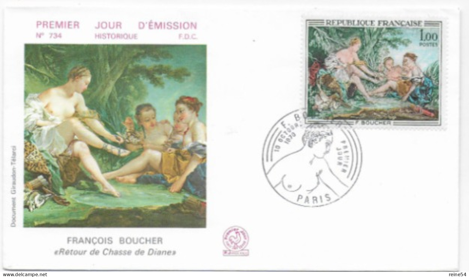 Enveloppe Premier Jour- F. BOUCHER (Retour De Chasse De Diane) 10 Oct 1970 Paris (75) F.D.C. 734 N° YT 1652 - 1970-1979