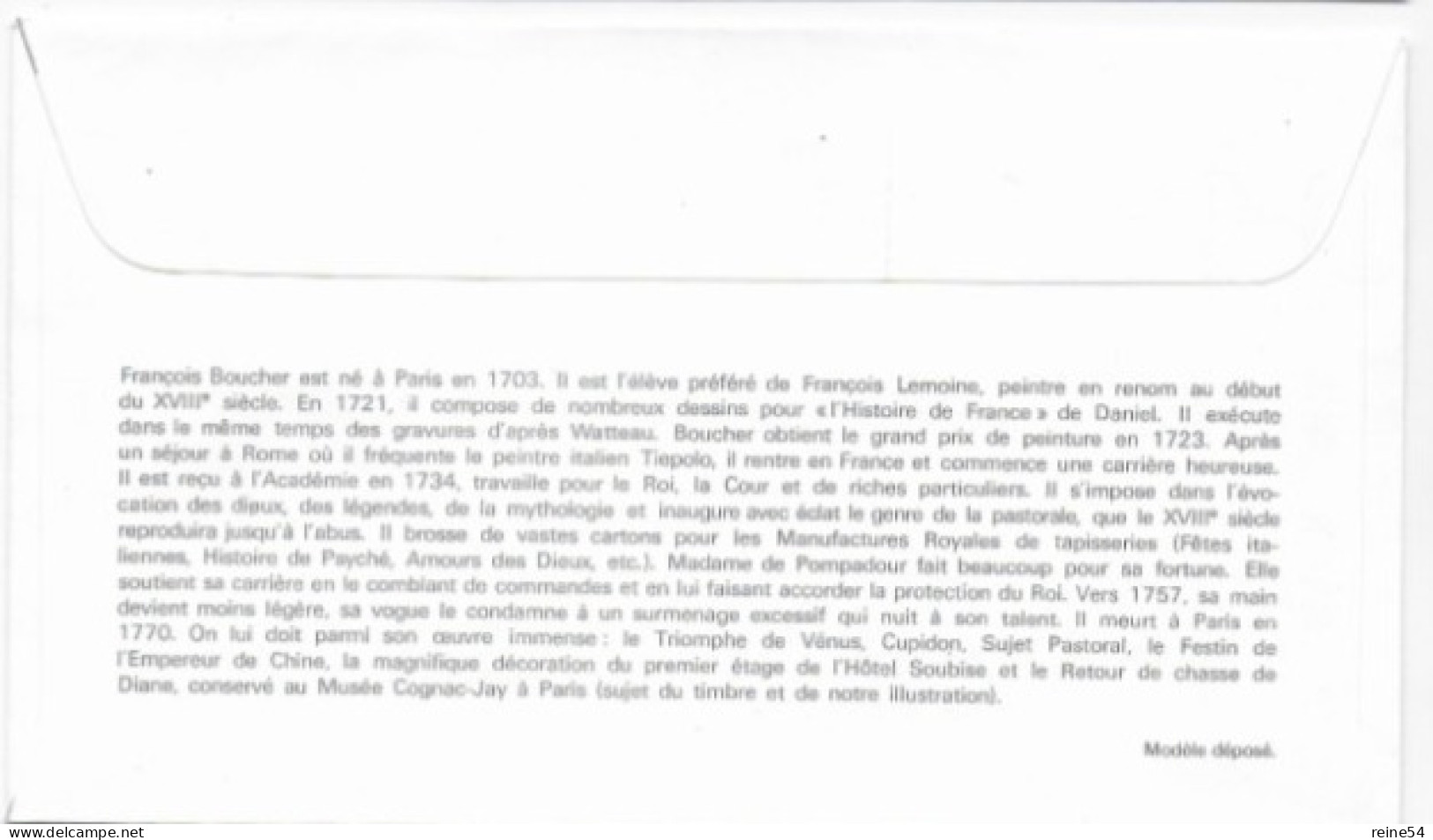 Enveloppe Premier Jour- F. BOUCHER (Retour De Chasse De Diane) 10 Oct 1970 Paris (75) F.D.C. 734 N° YT 1652 - 1970-1979