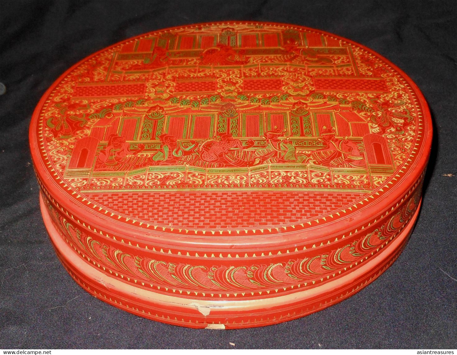 Older Burma  Regular 2-piece Hand-painted, Hand Etched Covered Fixed Section Box Intricate Work Ca 1920-50 - Art Asiatique