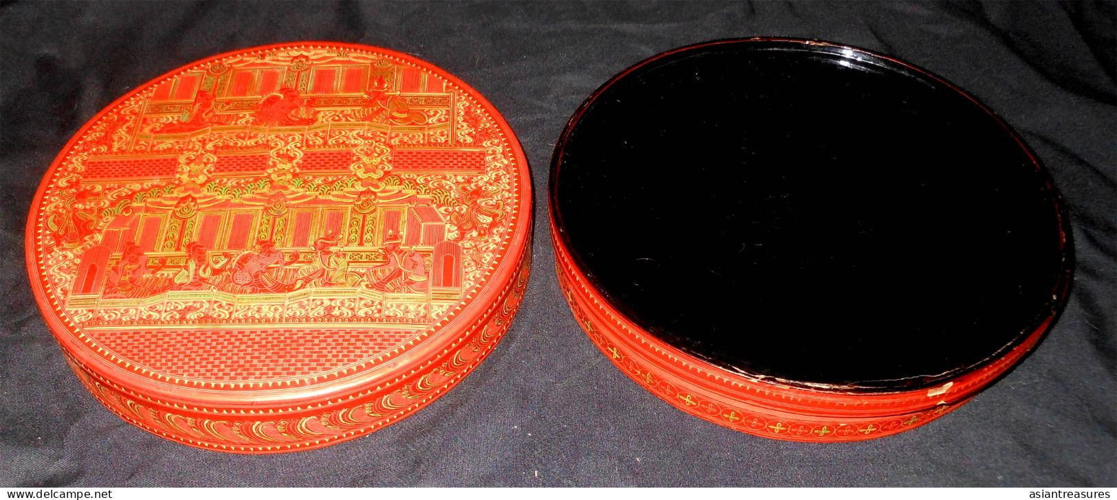 Older Burma  Regular 2-piece Hand-painted, Hand Etched Covered Fixed Section Box Intricate Work Ca 1920-50 - Arte Asiatica