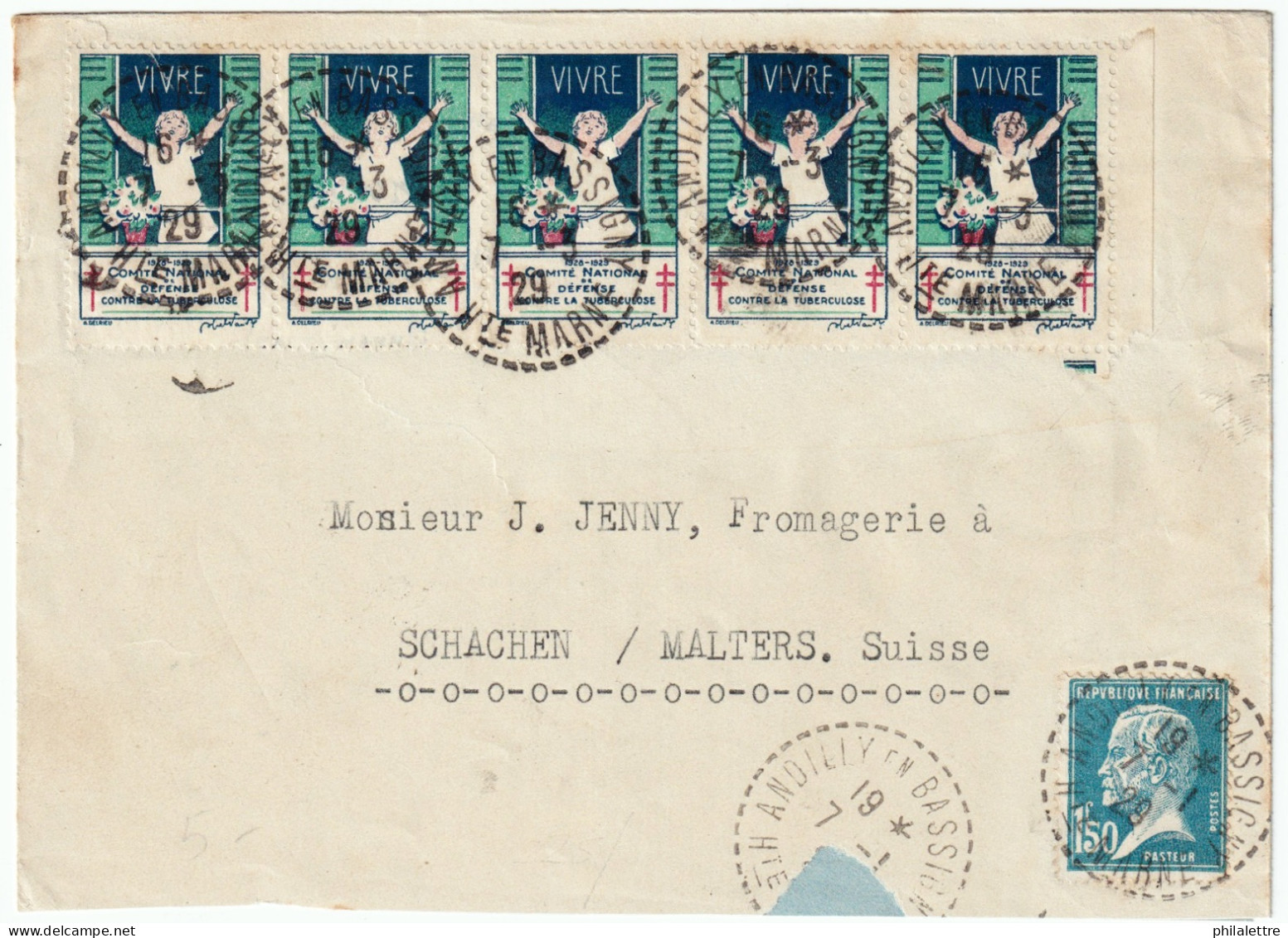 FRANCE - 1929 Bande De 5x Timbres Anti-Tuberculeux 1928-29 Sur LSC De ANDILLY-EN-BASSIGNY ( Hte-Marne) Pour La SUISSE - Antituberculeux