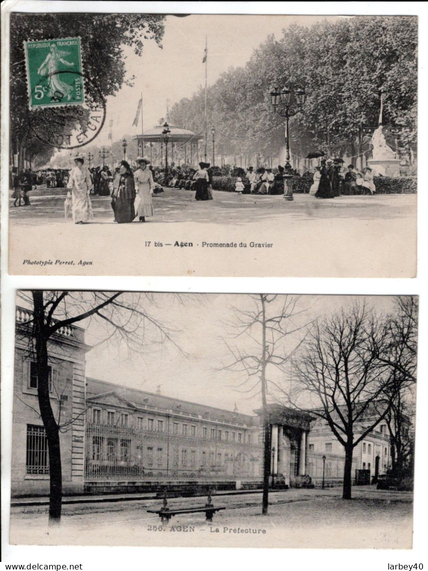 47 - Agen Promenade Du Gravier - La Prefecture - 2 Cartes Postales Ancienne - Agen
