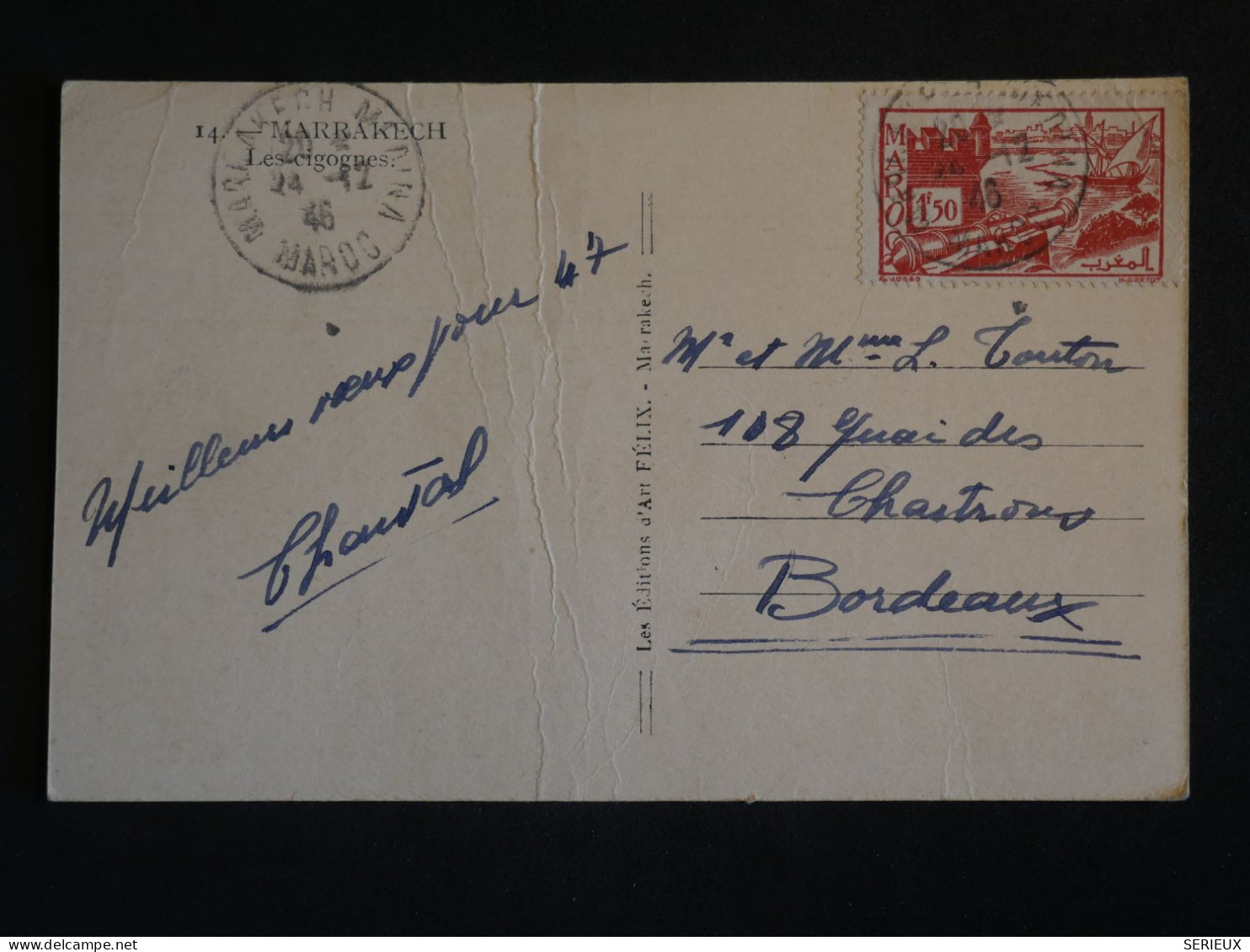 F2 B MAROC CARTE 1946 A BORDEAUX FRANCE +CIGOGNE+ AFF. INTERESSANT+++ - Covers & Documents