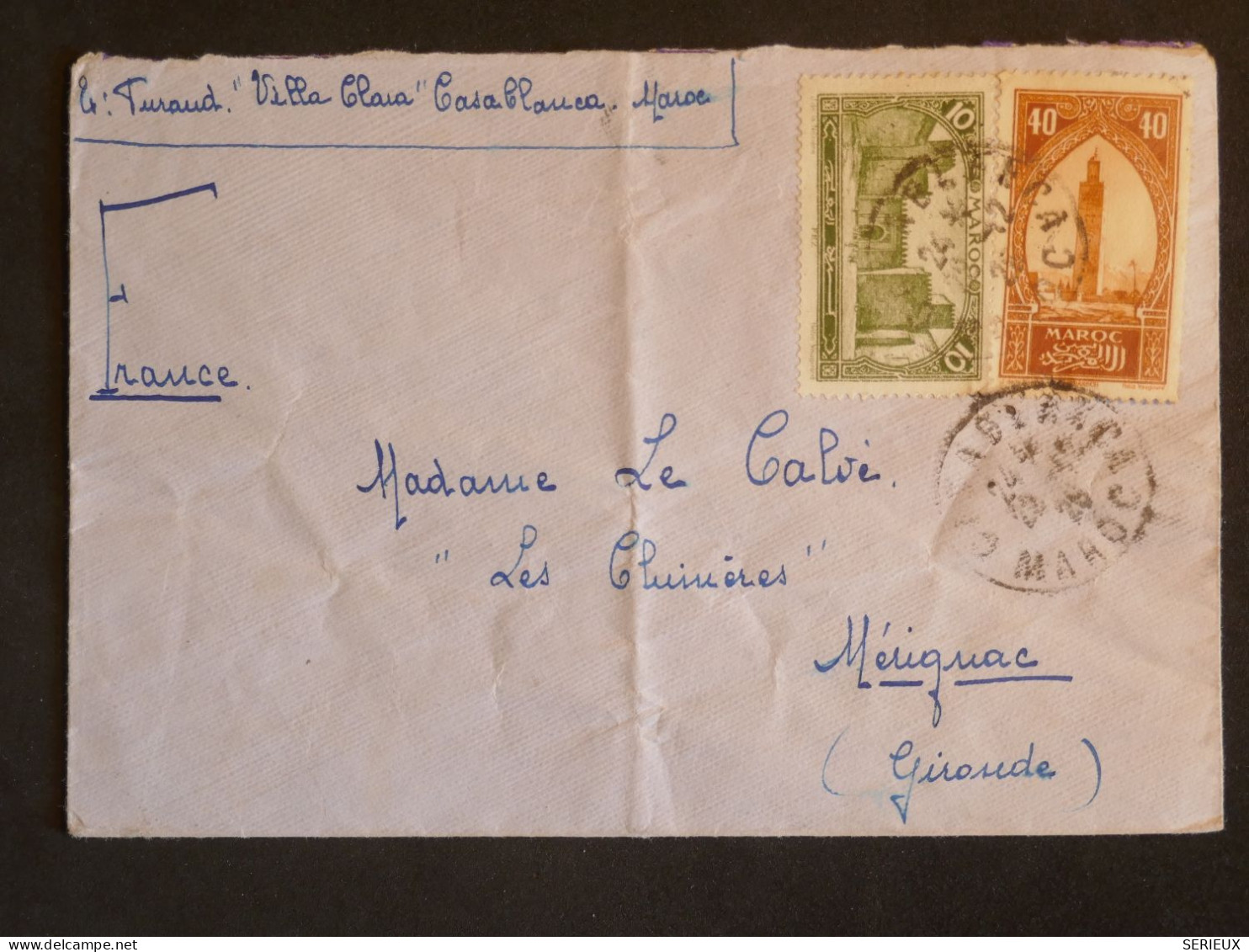 F2 B MAROC LETTRE  1928 CASA VILLA BLANCA A MERIGNAC  FRANCE ++ AFF. INTERESSANT+++ - Briefe U. Dokumente